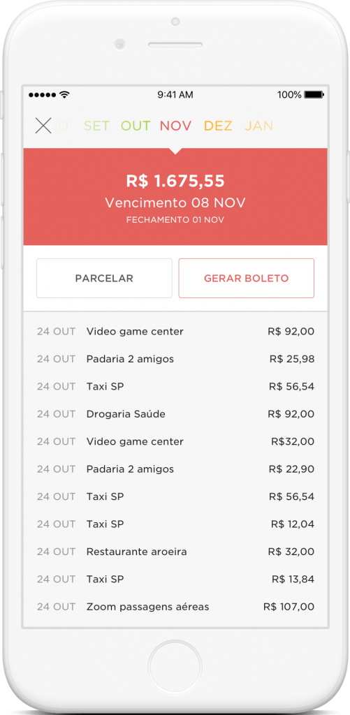 Imagem do aplicativo Nubank com a tela mostrando como parcelar a fatura: todas as compras aparecem listadas e há a opção de gerar boleto ou parcelar