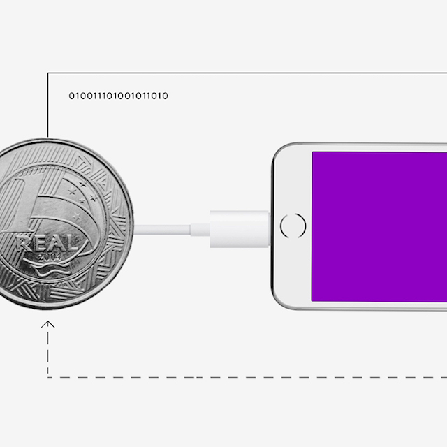 Pagar boleto online: Uma moeda de 1 real conectada a um celular por um fio.