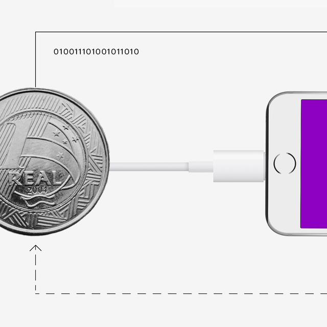 Uma moeda de 1 real conectada a um celular por um fio