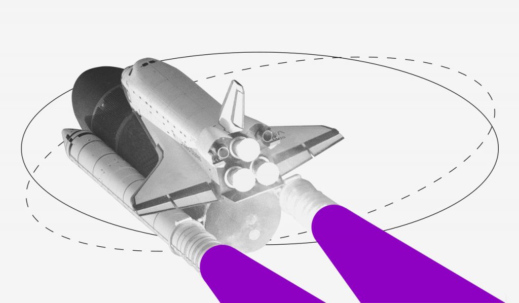 Fintech: ilustração de uma nave espacial com jatos propulsores roxos.