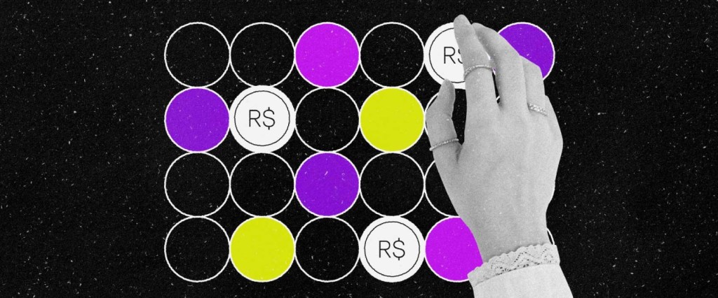 Empréstimo pessoal - Ilustração de um painel com botões coloridos, onde uma mão aperta um botão branco com o símbolo de real (R$) no meio. O fundo da imagem é preto.