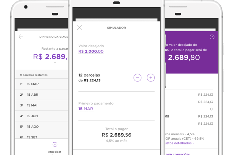 Três celulares com telas do aplicativo Nubank abertas em três etapas diferente do processo de pedir um empréstimo