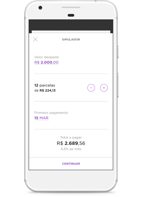 Gif mostra as telas do app do Nubank quando o cliente faz uma simulação de empréstimo