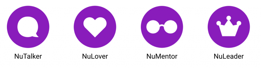 Imagem mostra quatro ícones roxos e brancos: um balão de conversa, um coraçõa, um binóculo e uma coroa. Cada um deles representa os quatro estágios da comunidade Nubank