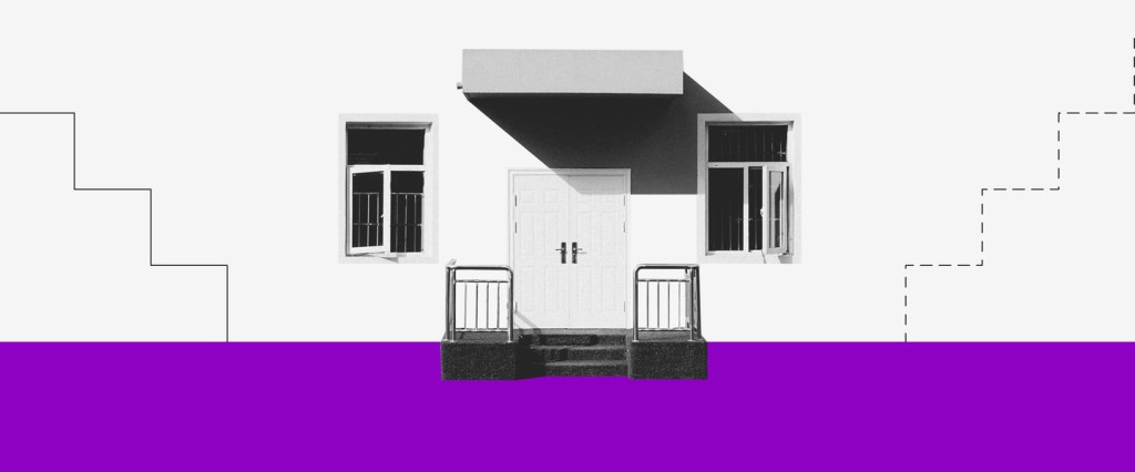 Nubank: uma foto preta e branca da frente de uma casa, com uma porta no centro e duas janelas uma de cada lado