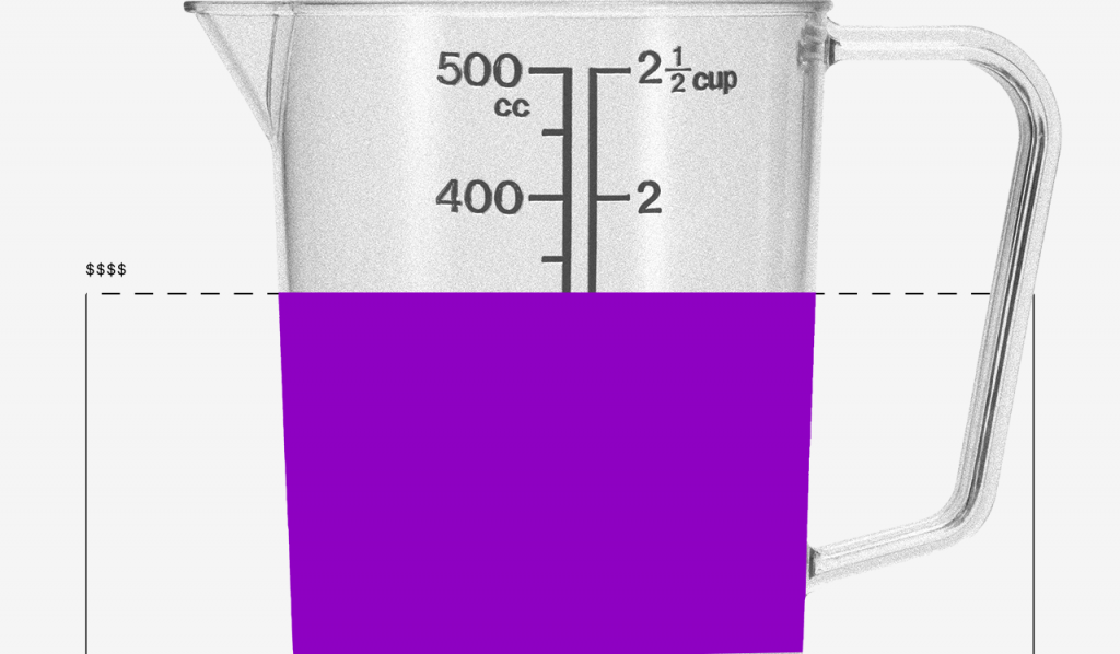 Uma jarra com as medidas de mililitros cheia com um líquido roxo até a metade.