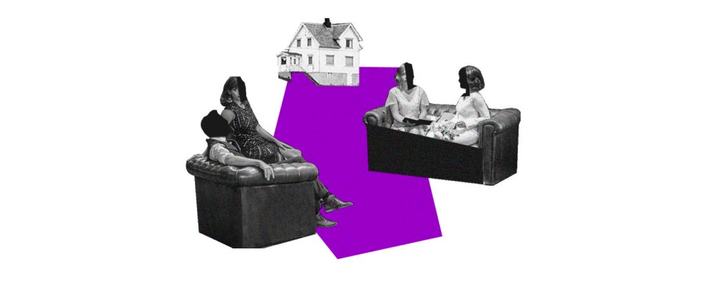 Como morar sozinho: no fundo branco, colagem de dois sofás um em frente ao outro, com duas pessoas sentadas sobre cada um. Ao fundo, uma casa e no meio uma forma roxa.
