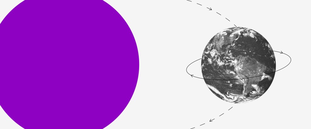 Imagem em preto e branco de um planeta orbitando uma bola roxa que representa o sol