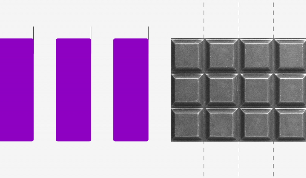 Novas regras do saque do FGTS: ilustração mostra uma barra de chocolate e barras roxas ao lado