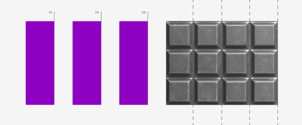 Parcelamento de fatura: imagem mostra três retângulos roxos numerados em uma, duas e três vezes. Depois, uma barra de chocolate com linhas cortando as fileiras.