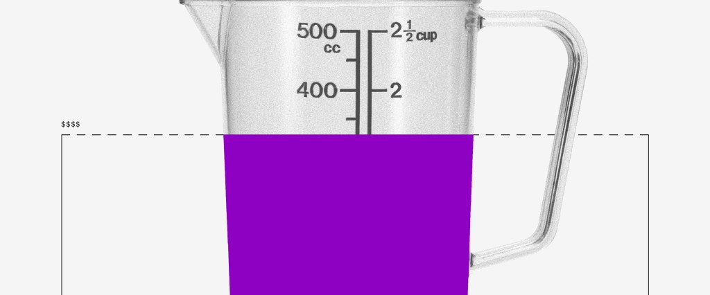 Cálculo do salário líquido: uma jarra com as medidas de mililitros cheia com um líquido roxo até a metade.