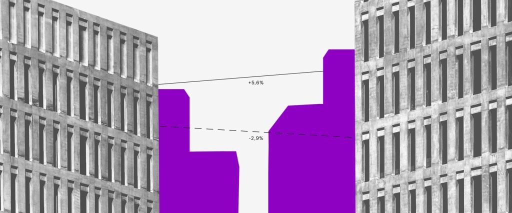CDI 2019: ilustração roxa da silhueta de prédios aplicada sobre uma foto preto e branca de edifícios e fios pontilhados ligando os prédios