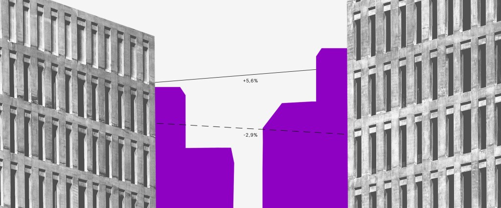 Rendimento do CDI: prédios em preto e branco com sombra roxa, um em frente ao outro, e algumas linhas ligando-os.