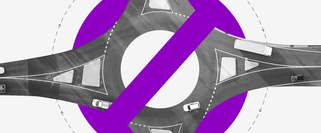 CPF irregular: Via de carros circular com uma placa de proibido roxa em cima
