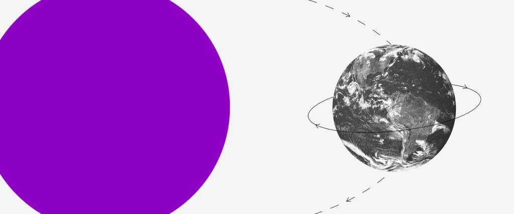 Juros rotativo: um círculo roxo conectado a um globo terrestre em preto e branco.
