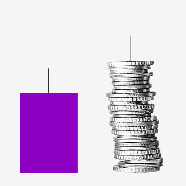 O que é PIB: fila de colunas roxas intercaladas por pilhas de moedas