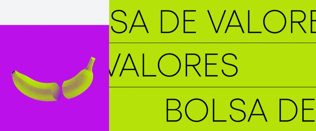 Imagem divida em três blocos: um bloco vertical de cor verde-limão escrito BOLSA; um bloco rosa com uma banana cortada ao meio; e um bloco branco escrito Nu Explica em rosa