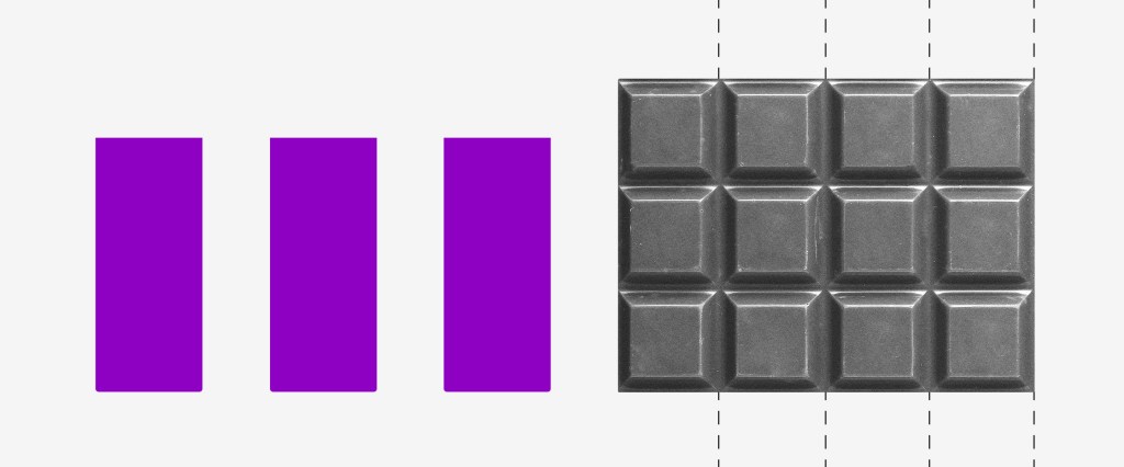 Regras do cheque especial: imagem mostra três retângulos roxos numerados em uma, duas e três vezes. Depois, uma barra de chocolate com linhas cortando as fileiras.