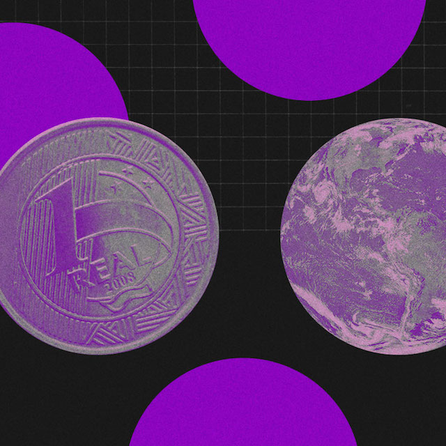 inadimplência: fundo preto com círculos roxos e uma moeda de um real