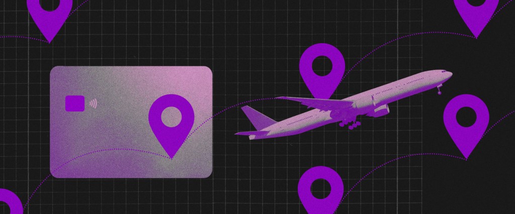 Programa de milhas: avião roxo voando em meio a pontos de localização