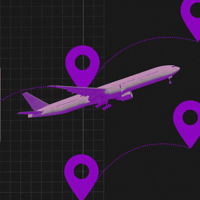 Programa de milhas: avião roxo voando em meio a pontos de localização
