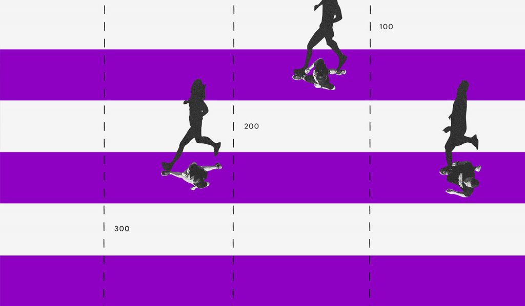 O que muda na reforma da previdência: ilustração de pessoas correndo numa pista de corrida com faixas brancas e roxas intercaladas.