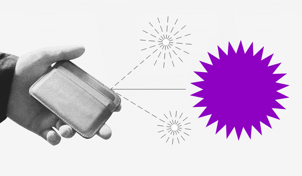 Título de capitalização: ilustração mostra mão segurando uma carteira com fogos de artifício saindo dela