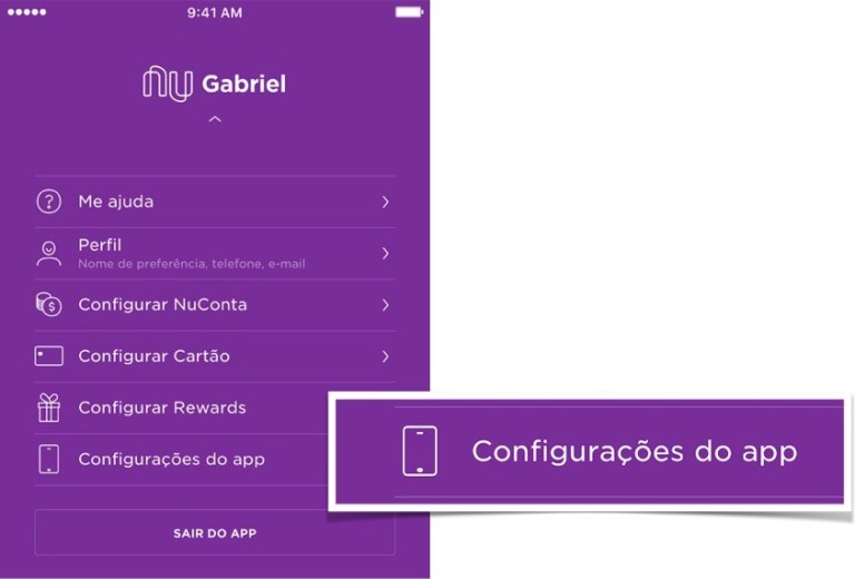 Segurança Nubank: tela do menu com o botão "Configurações do app"