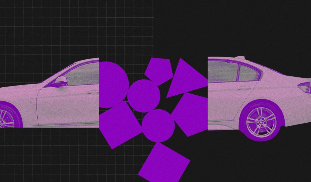 Consumismo: imagemde um carro partido ao meio com vários polígonos roxos caindo