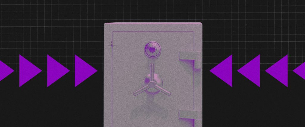 Poupança: Fundo preto com um cofre em furta-cor e setinhas roxas apontadas para ele
