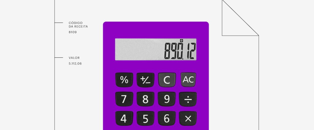 O que é DARF: Calculadora roxa com o número 890,12 na tela.Ao lado, os escritos "Código da Receita 8109" e "Valor 5.112,06".