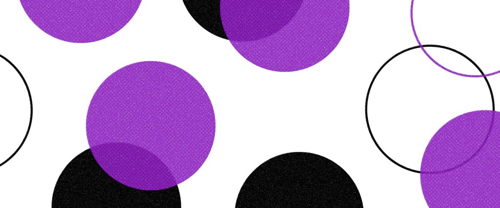 Metodologia ágil: círculos roxos e pretos sobrepostos em um fundo branco