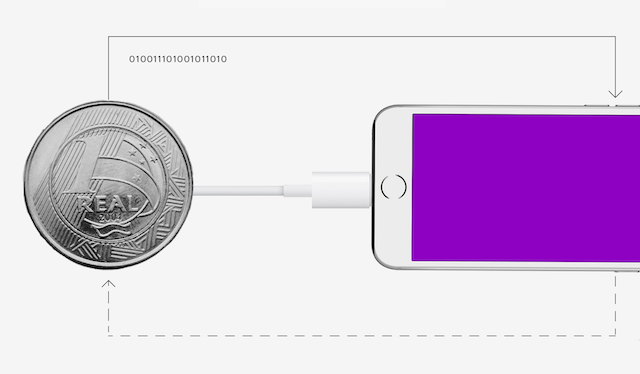 Banco Digital: Uma moeda conectada a um aparelho celular com tela roxa.