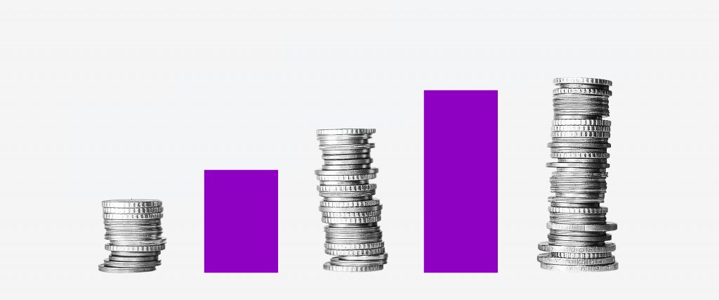 COFINS: colagem em formato de gráfico traz uma pilha de moedas ao lado de uma coluna roxa.