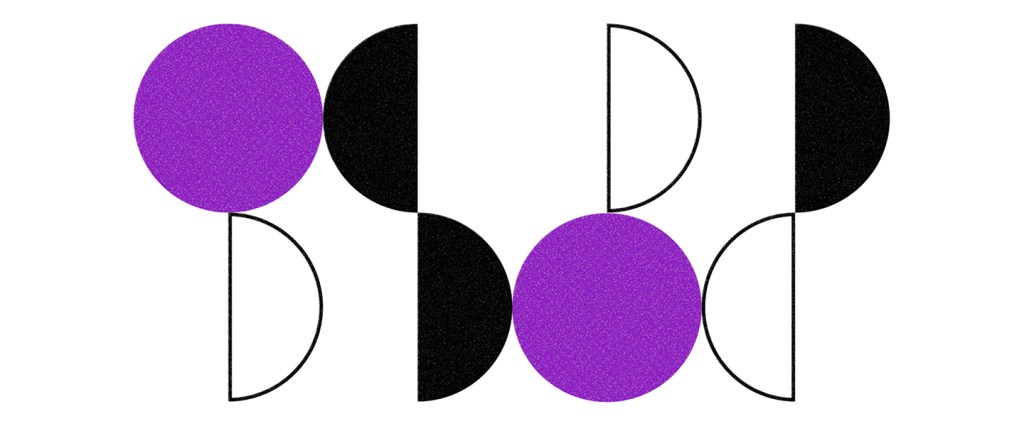 Metas 2020: ilustração traz círculos e meios círculos roxos, brancos e pretos
