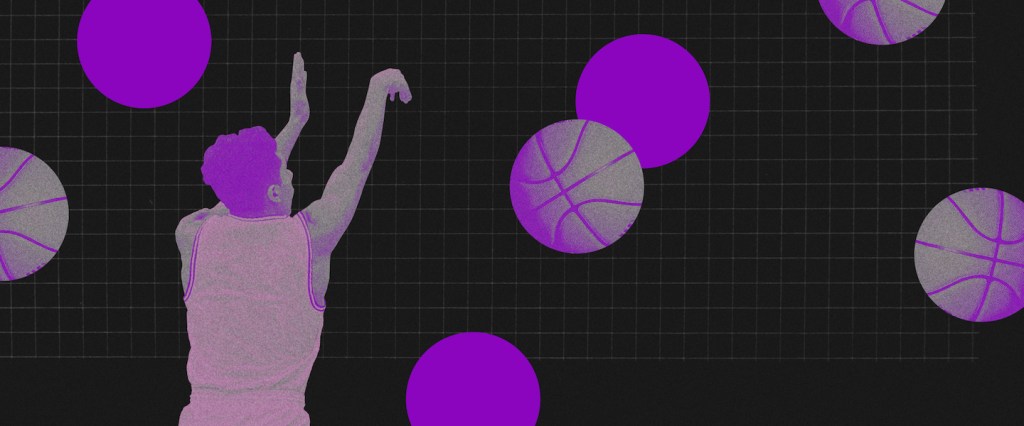 Nomear as metas: no fundo preto, um jogador de basquete roxo está em posição de arremesso. Ao fundo, bolas de basquete e círculos roxo espalhados.