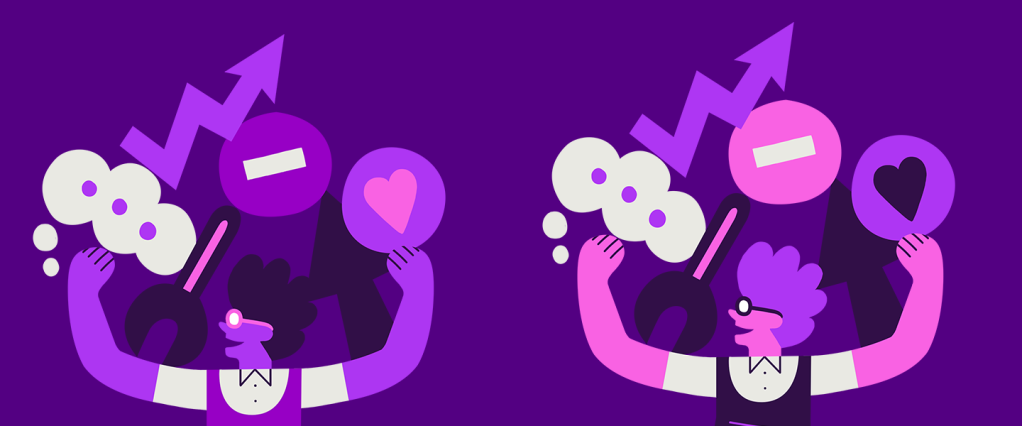Nubank 2019: no fundo roxo, ilustração de duas pessoas carregando símbolos como coração, setas e balões de fala.