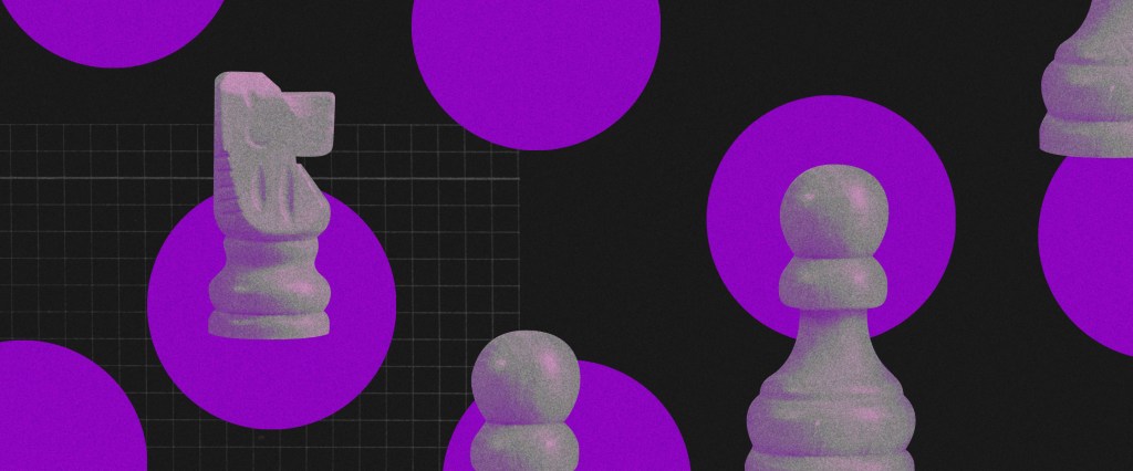 Regras de transição: fundo preto com várias bolas roxas. Dentro de algumas delas estão peças de xadrez em furta-cor, imitando um tabuleiro.
