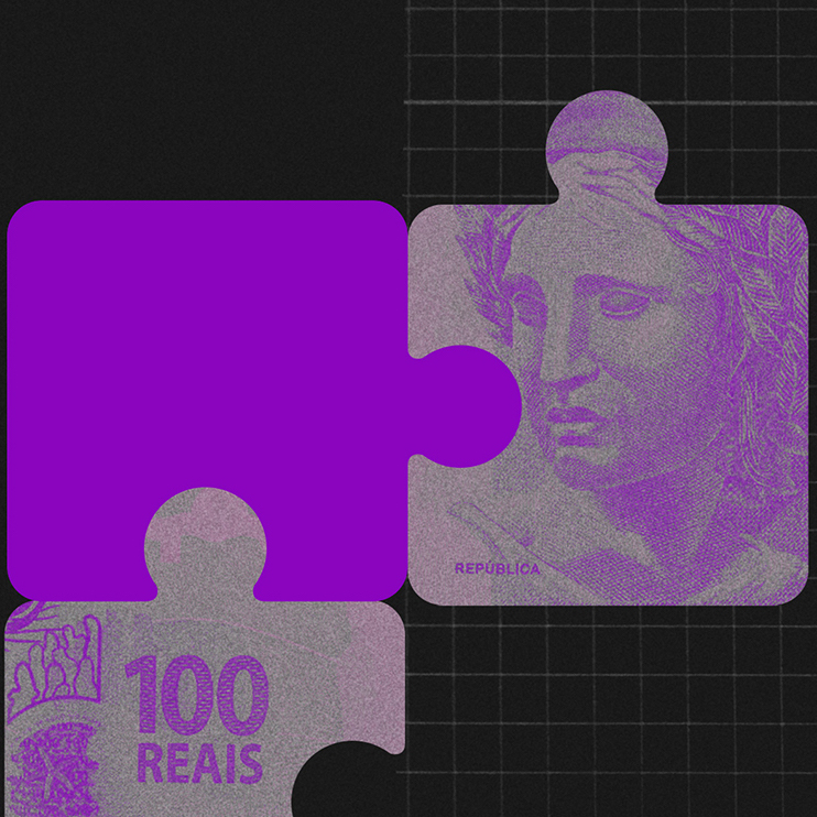 Renda extra: ilustração mostra peças de quebra cabeças roxas e estampadas com notas de um Real