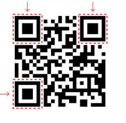 Qr Code preto com setas vermelhas apontando para os três quadrados maiores que ficam posicionados em três dos cantos da imagem