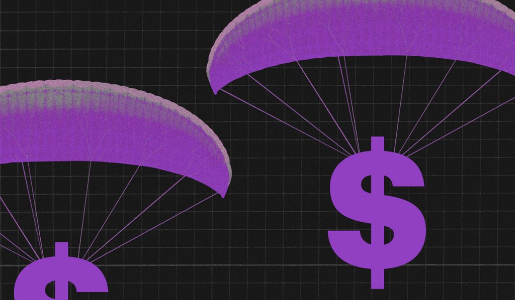 Ilustração mostra $ caindo de paraquedas roxos em um fundo preto