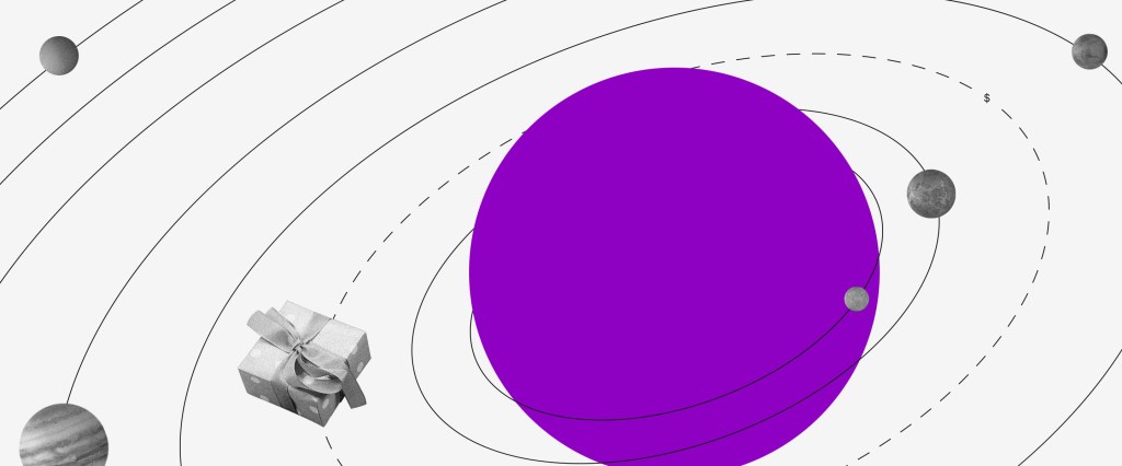 Calendário Saque FGTS 2020: um planeta roxo com um presente embrulhado orbitando em volta