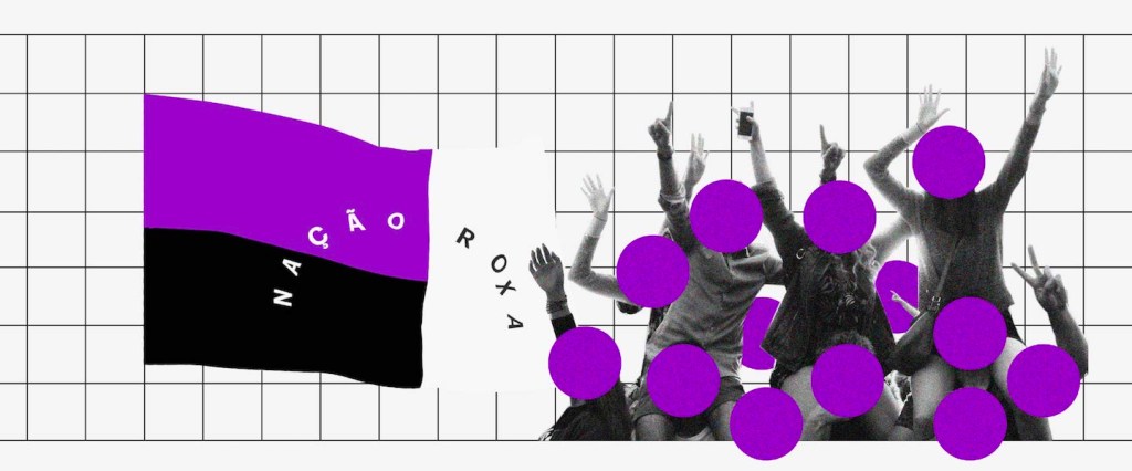 20 curiosidades sobre o Nubank: Ilustração de uma bandeira roxa, preta e branca com o escrito Nação Roxa e, ao lado, várias pessoas agrupadas festejando com um círculo roxo no lugar do rosto.