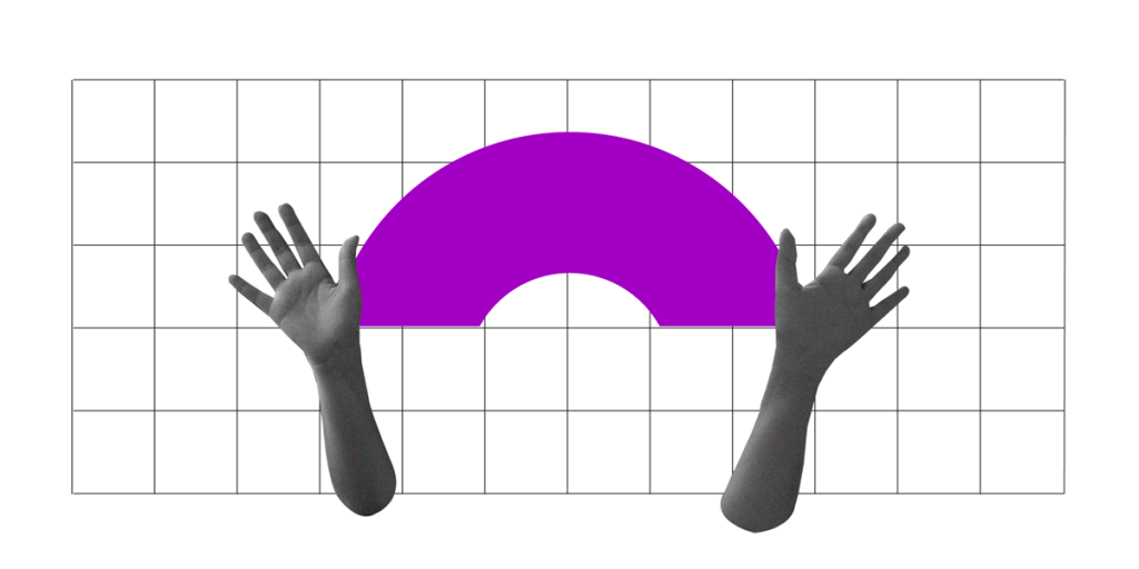 Ilustração de duas mãos com um arco-íris roxo entre elas.