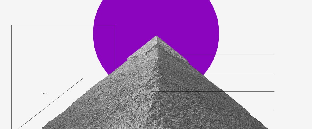 Pirâmide financeira: imagem de uma pirâmide em frente a um círculo roxo, com várias linhas paralelas saindo na horizontal