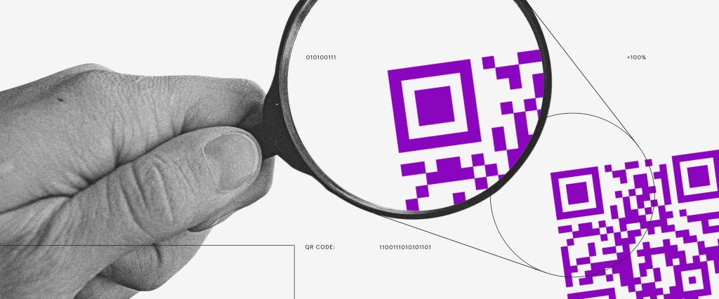 QR Code: ilustração mostra uma mão segurando uma lupa e olhando para um QR Code roxo aumentado