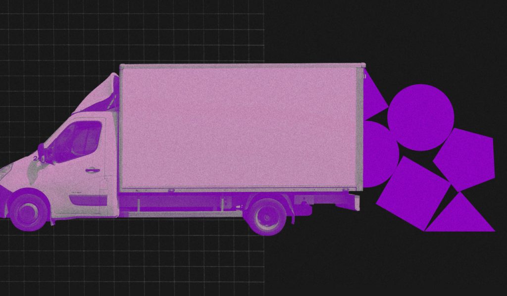 Morar junto: no fundo preto, colagem de um caminhão de mudança tingido digitalmente de roxo. Da caçamba do caminhão caem peças geométricas roxas.