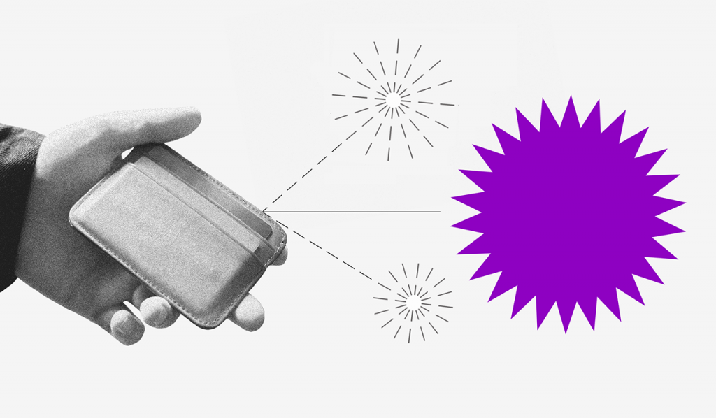 tipos de orçamento: uma mão segurando uma carteira de onde saem duas setas pontilhadas, cada uma com um pequeno fogo de artifício no fim