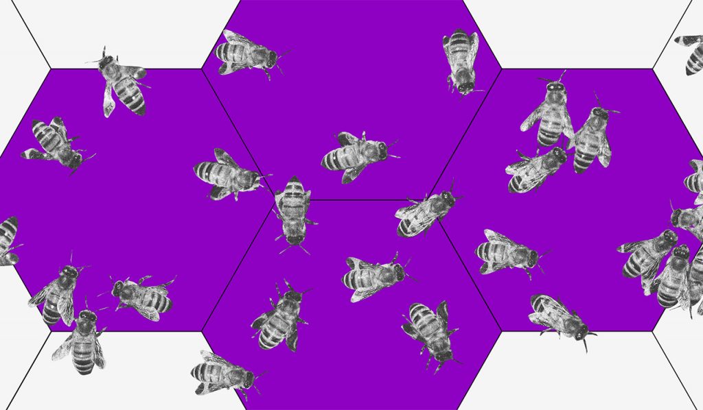 tipos de orçamento:ilustração de uma colmeia roxa com diversas abelhas sobre ela.