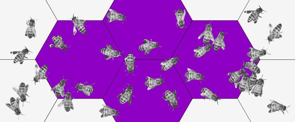 Pandemia: imagem de uma colmeia roxa com várias abelhas espalhadas